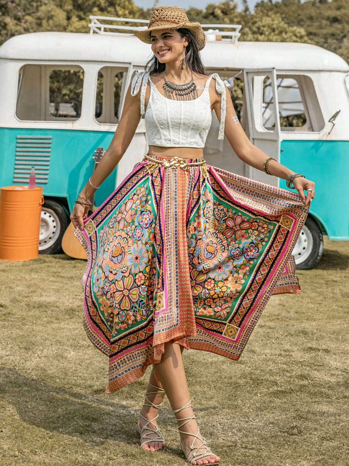 Hippy Days Printed High Waist Handkerchief Hem Skirt