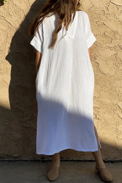 White Slit Textured Short Sleeve Cover-Up Dress