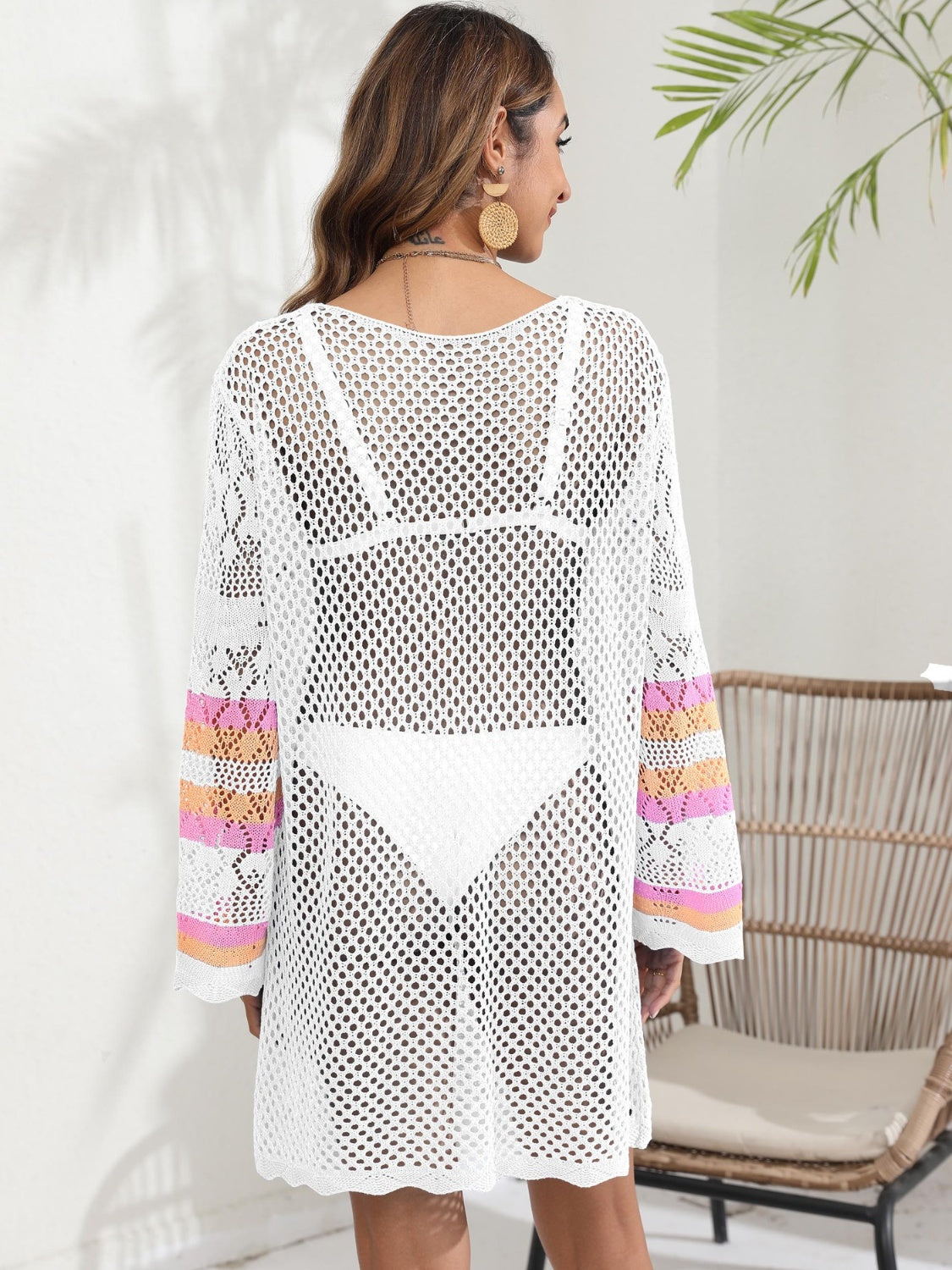 Sail With Me Openwork Contrast Long Sleeve Cover-Up