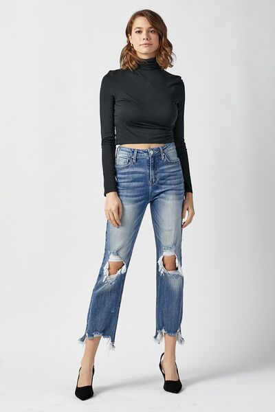 RISEN Magnolia High Waist Distressed Frayed Hem Cropped Straight Jeans