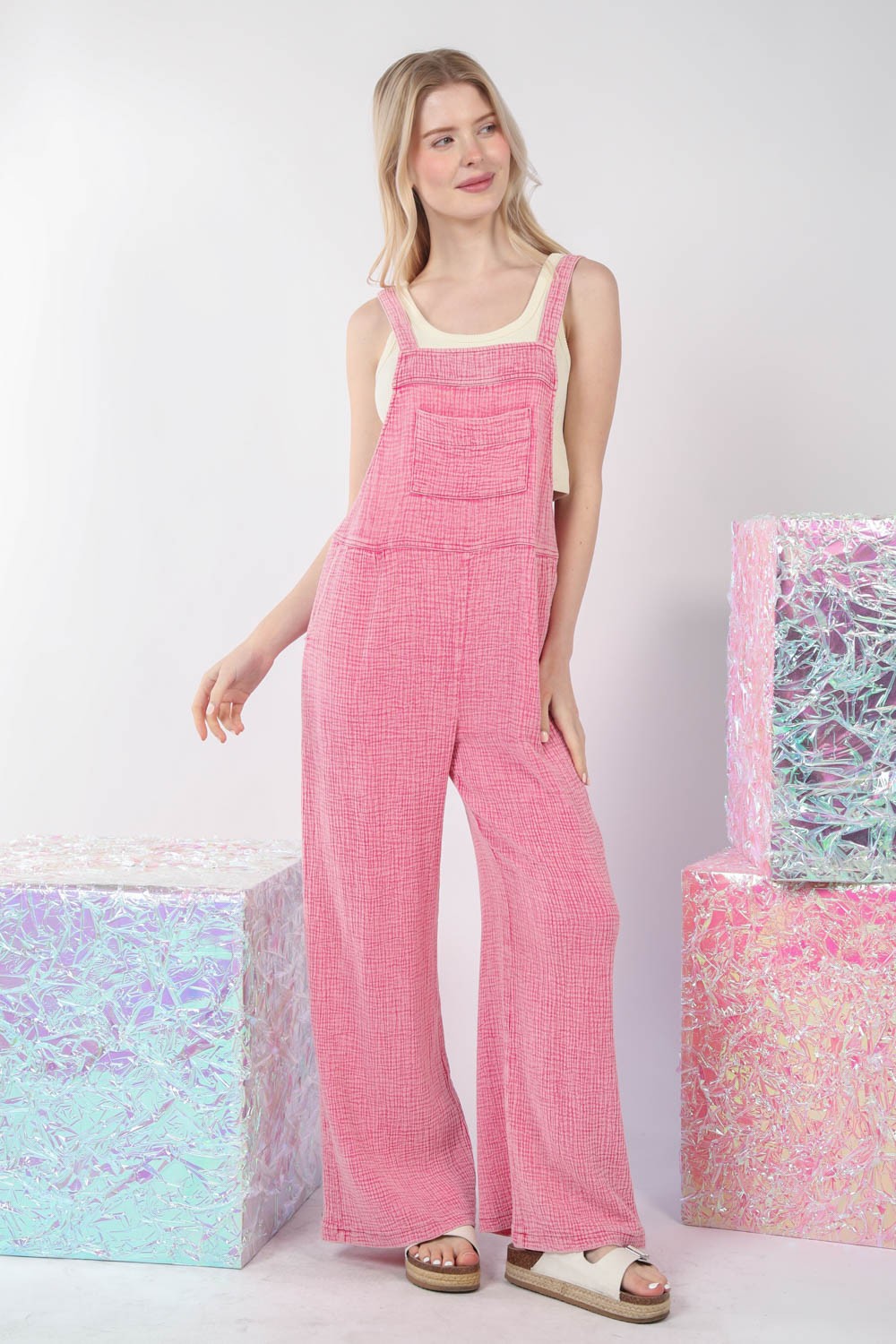 VERY J Hot Pink Texture Washed Wide Leg Overalls