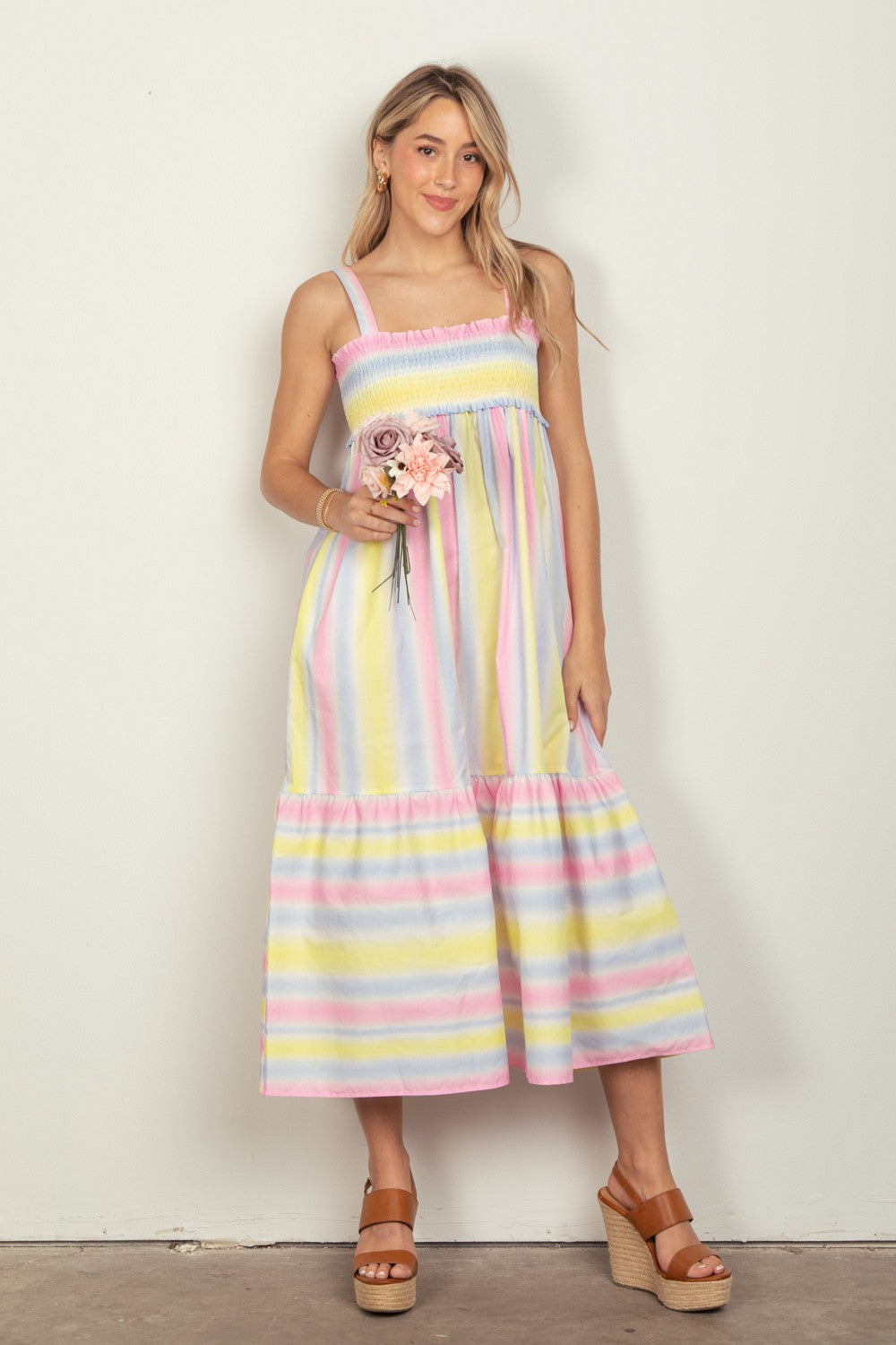VERY J Pink Combo Woven Smocked Midi Cami Dress