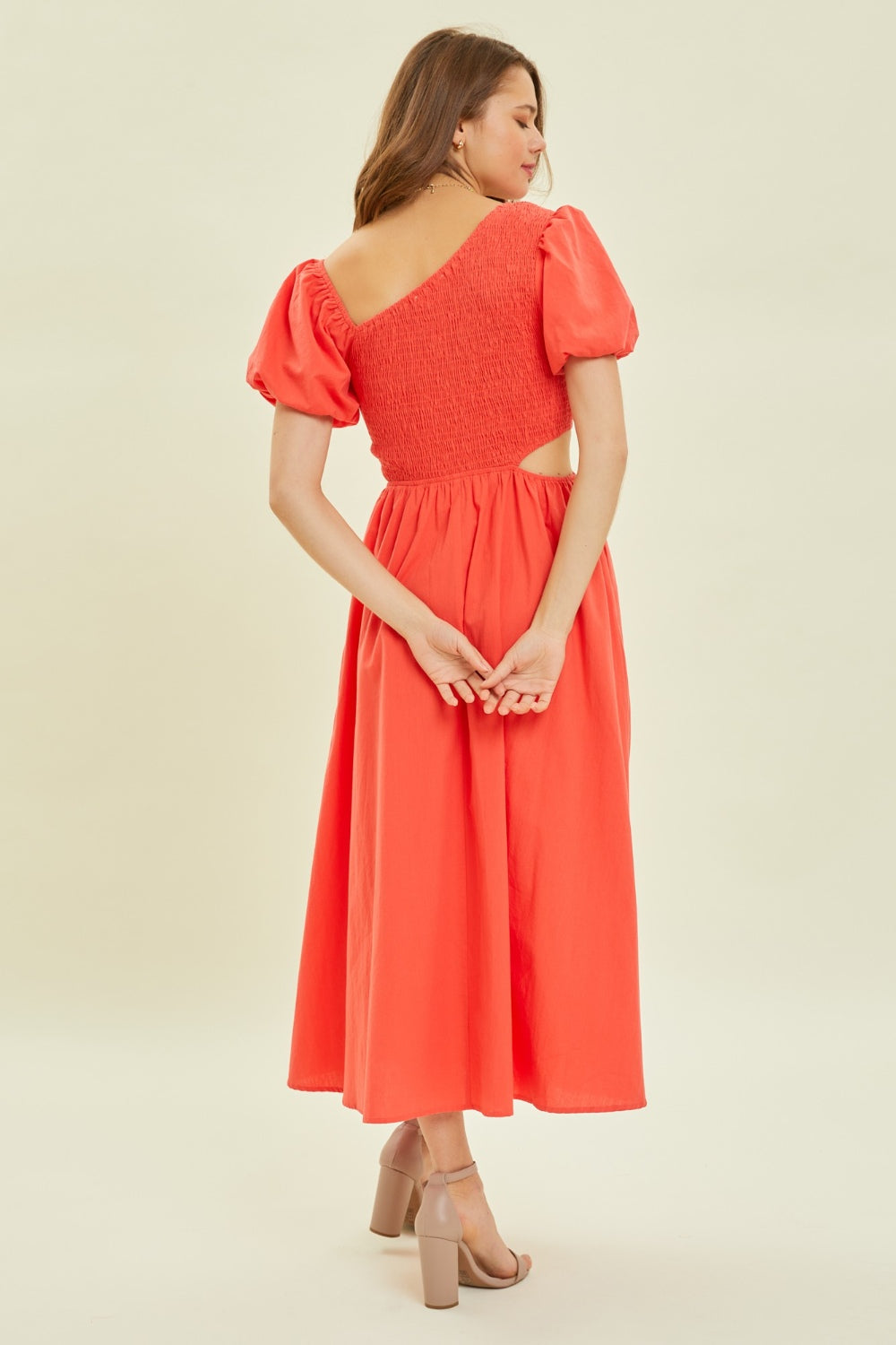 HEYSON Cherry Red Smocked Cutout Midi Dress