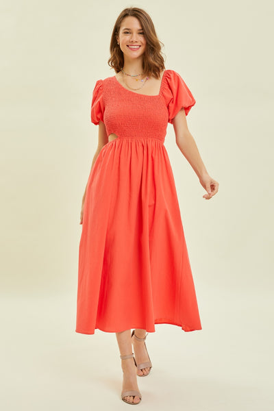 HEYSON Cherry Red Smocked Cutout Midi Dress