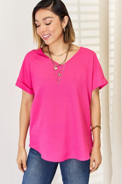 Zenana Hot Pink V-Neck Rolled Short Sleeve T-Shirt
