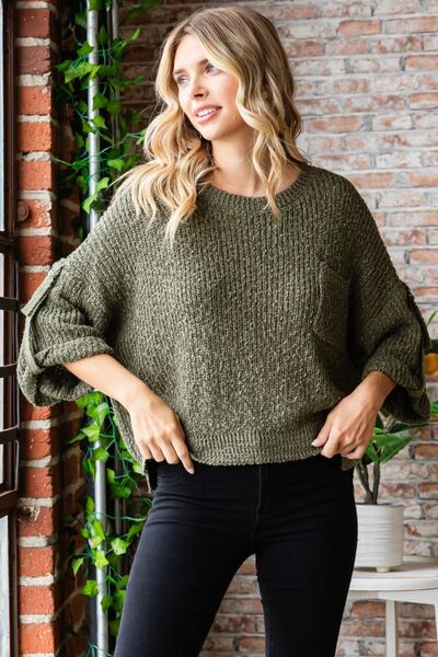 Veveret Olive Round Neck Roll-Up Sweater