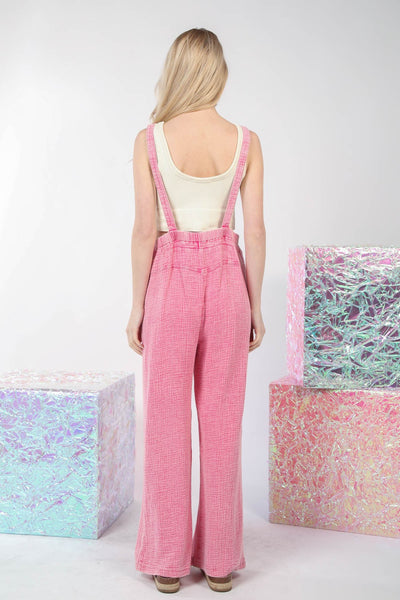 VERY J Hot Pink Texture Washed Wide Leg Overalls