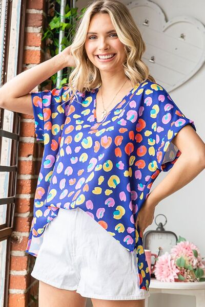 First Love Clarissa Printed V-Neck Short Sleeve Blouse