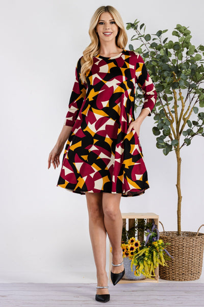 Celeste Churchill Full Size Geometric Round Neck Dress with Pockets