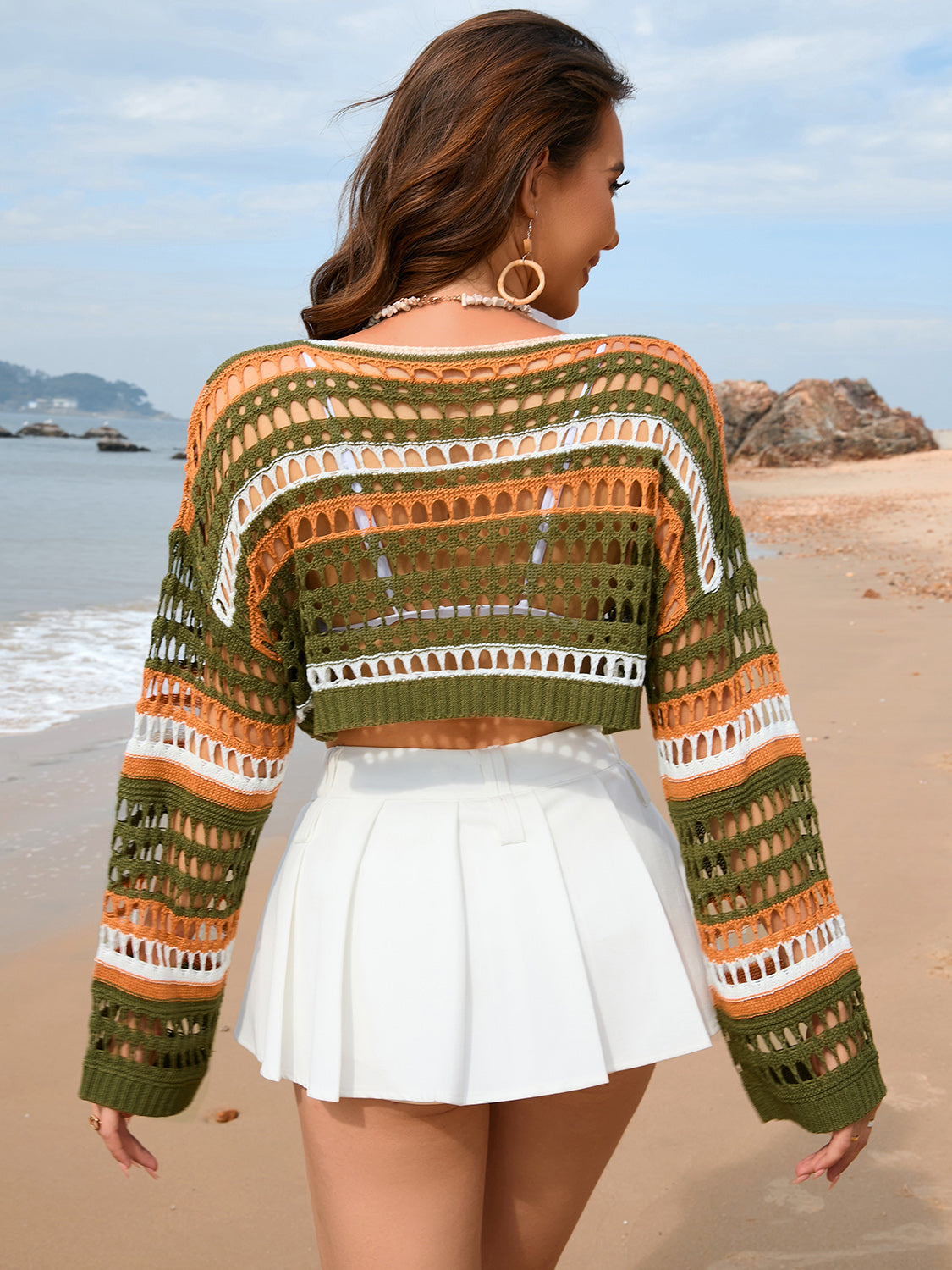 Palm Tree Openwork Boat Neck Dropped Shoulder Cover-Up