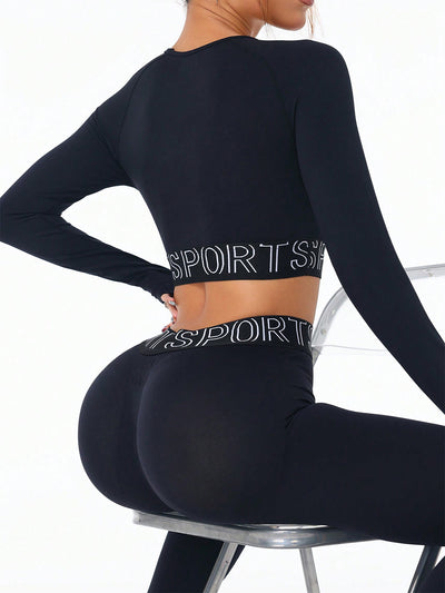 Letter Print Round Neck Long Sleeve Top and Leggings Active Set