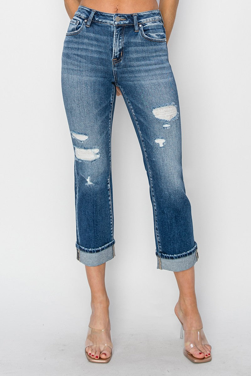 RISEN Houston Full Size Cuffed Ankle Distressed Straight Jeans