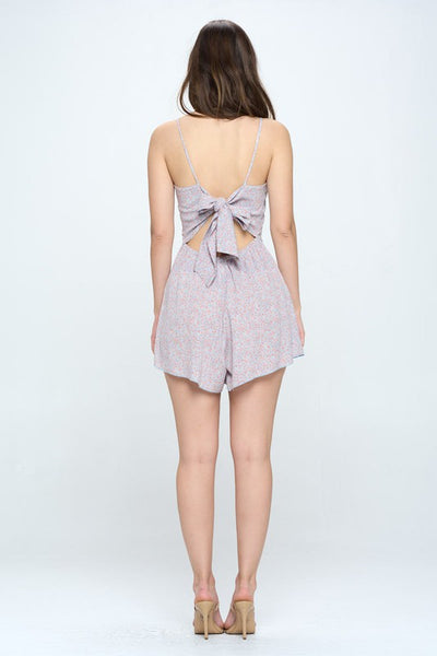 Romper with spaghetti strap tie back ditsy floral
