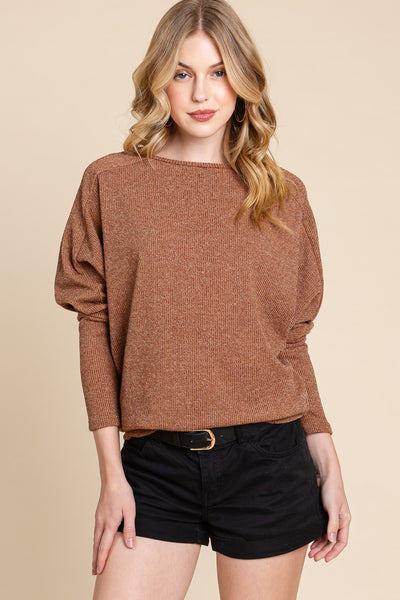 BOMBOM Camel Drop Shoulder Long Sleeve Knit Top