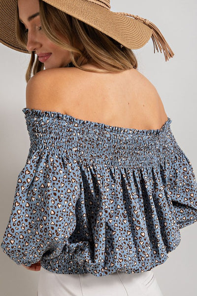 eeSome Animal Print Smocked Off The Shoulder Top