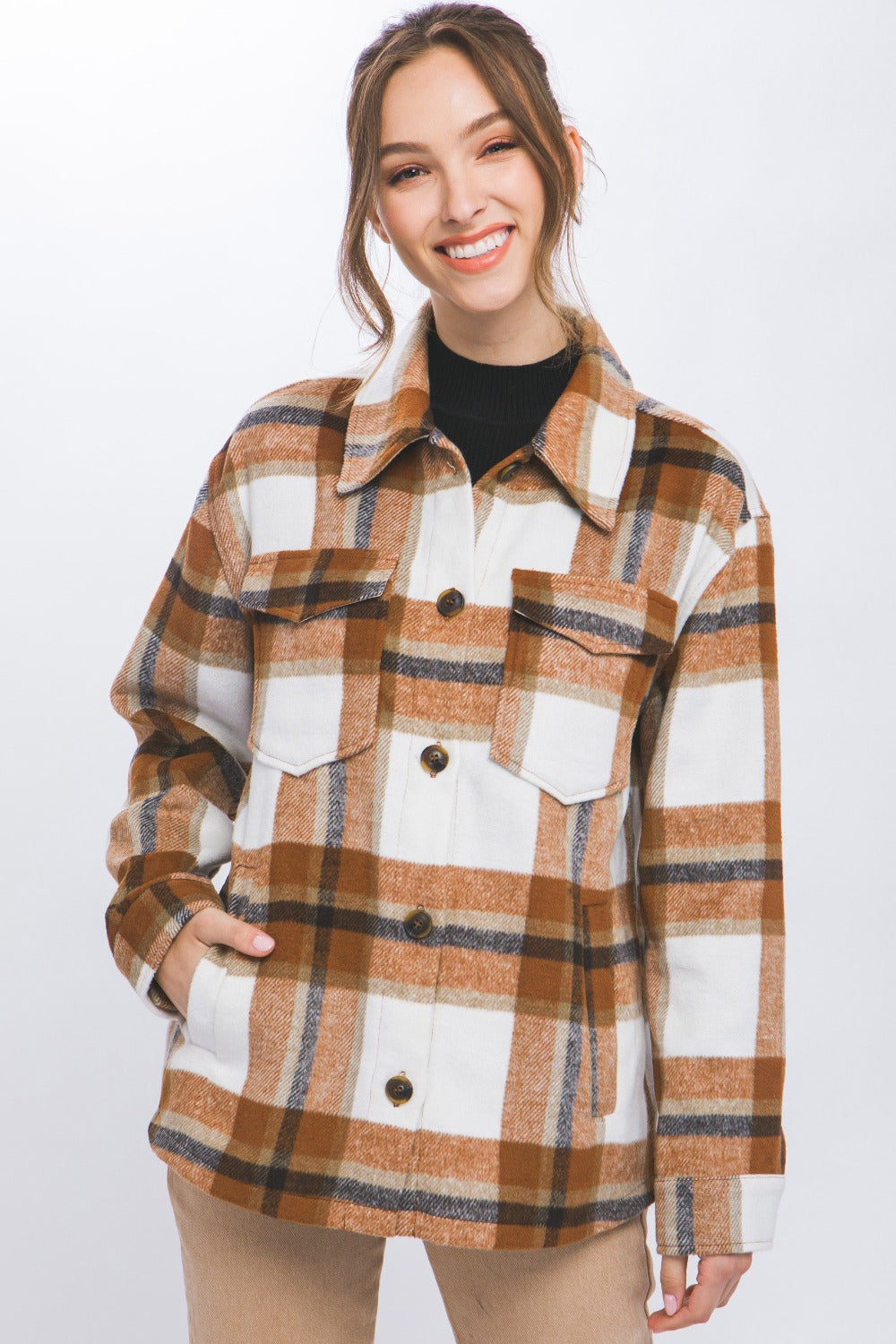 Love Tree Clay Plaid Button Up Shacket