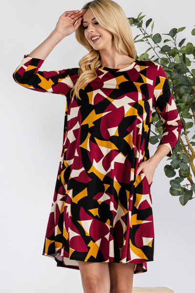 Celeste Churchill Full Size Geometric Round Neck Dress with Pockets