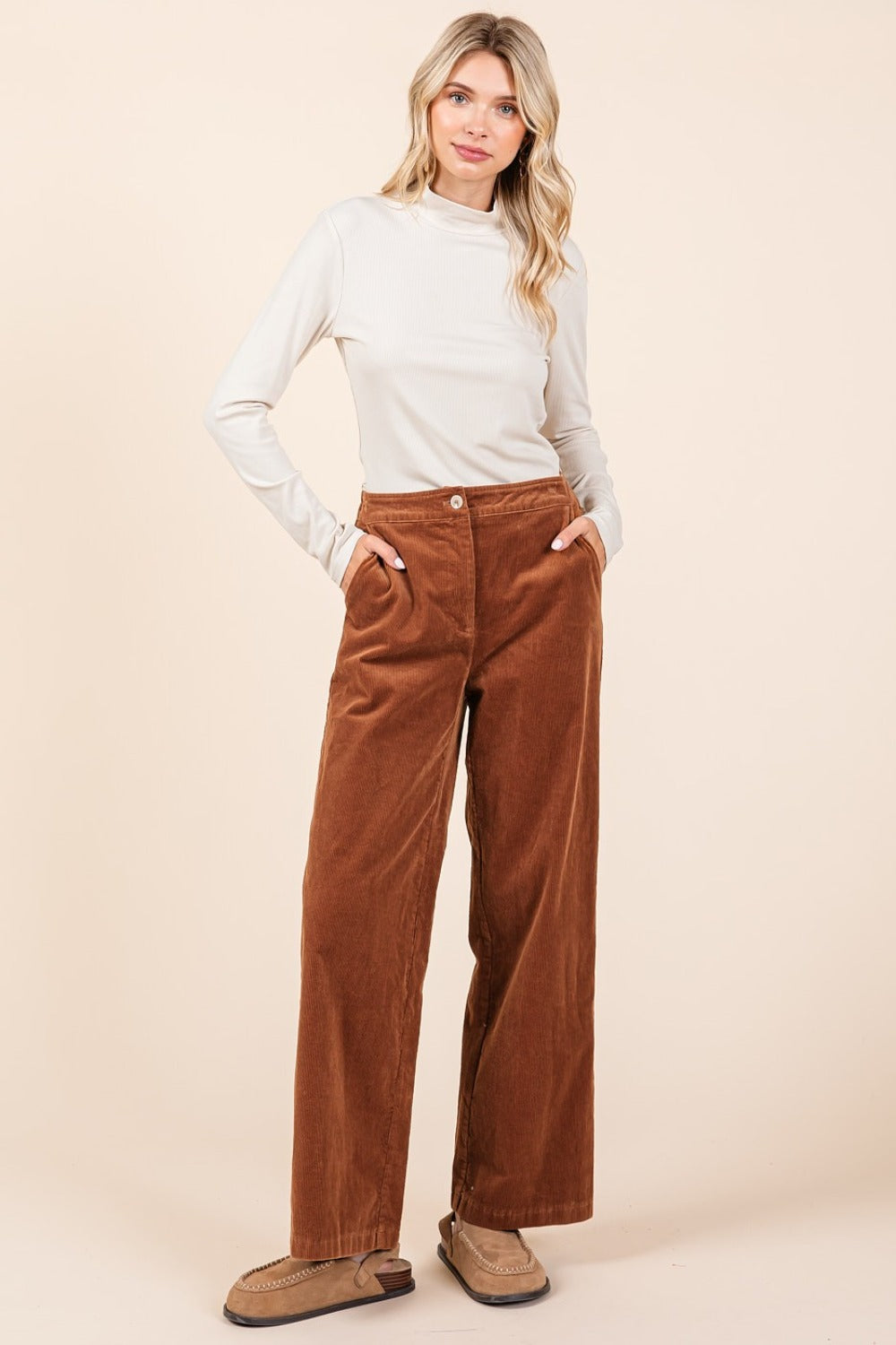 Mittoshop Camel Corduroy Back Elastic Waist Pants