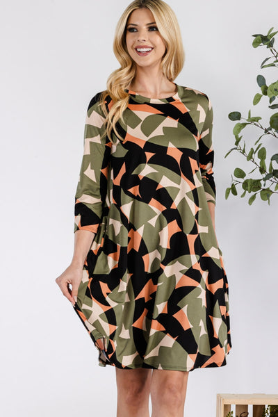 Celeste Olive Full Size Geometric Round Neck Dress with Pockets