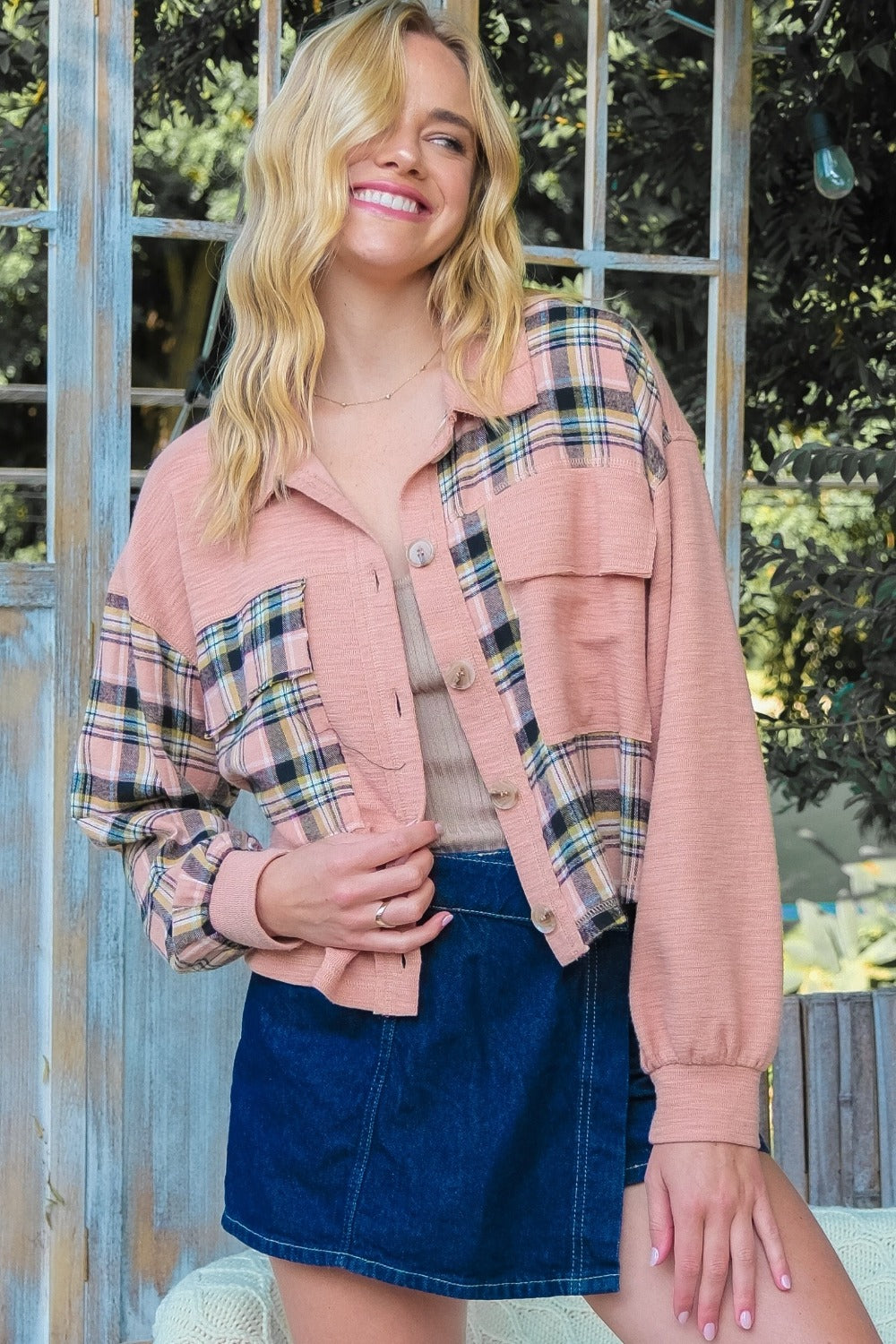 Hailey & Co Pink Plaid Mixed Cropped Jacket