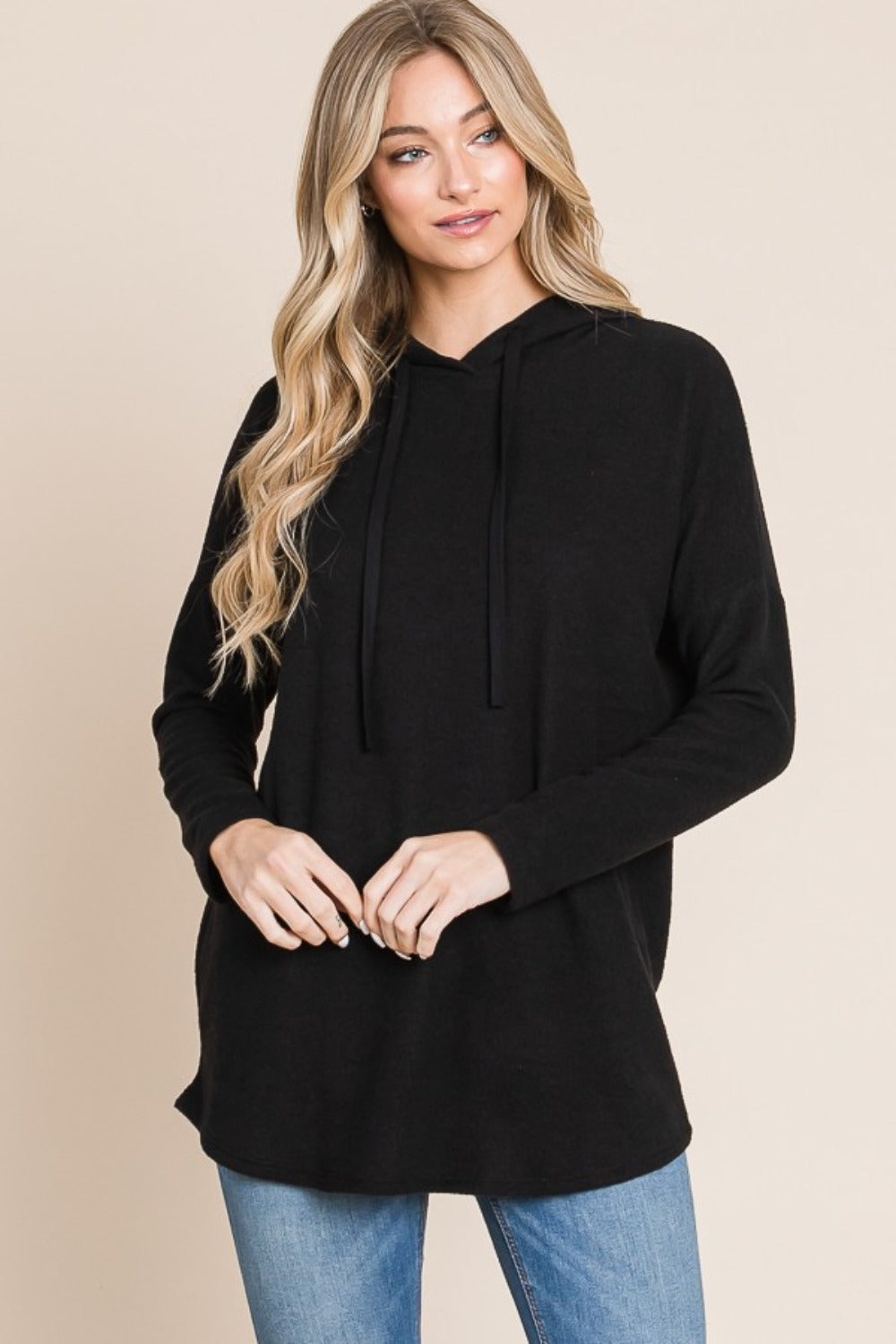 BOMBOM Black Contrast Drawstring Knit Hoodie