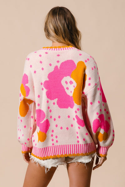 BiBi Pink Combo Flower Pattern Contrast Sweater