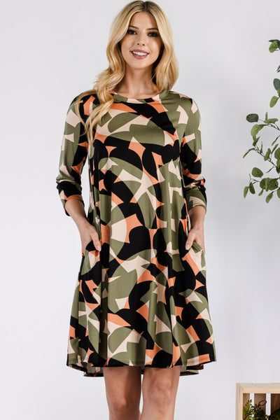 Celeste Olive Full Size Geometric Round Neck Dress with Pockets