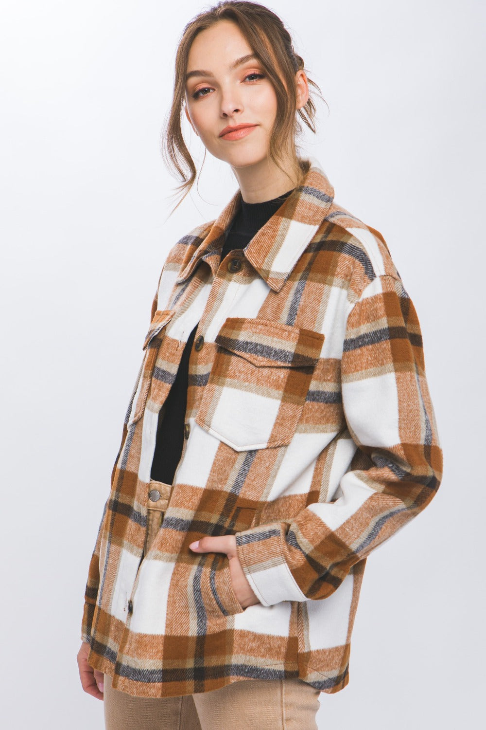 Love Tree Clay Plaid Button Up Shacket