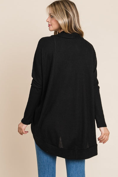 BOMBOM Black Open Front Waffle Knit Cocoon Cardigan