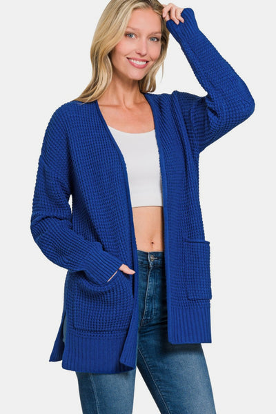 Zenana Lt Navy Waffle Open Front Sweater Cardigan