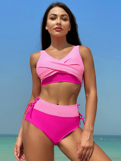 Hot Pink Ruched Wide Strap Two-Piece Swimwear