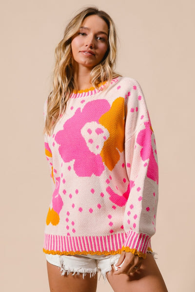 BiBi Pink Combo Flower Pattern Contrast Sweater