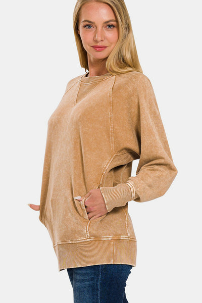 Zenana Camel Pocketed Round Neck Sweatshirt