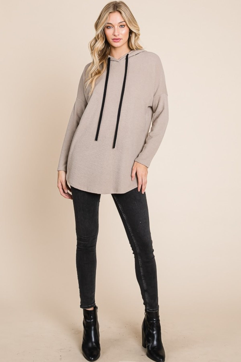 BOMBOM Taupe Contrast Drawstring Knit Hoodie