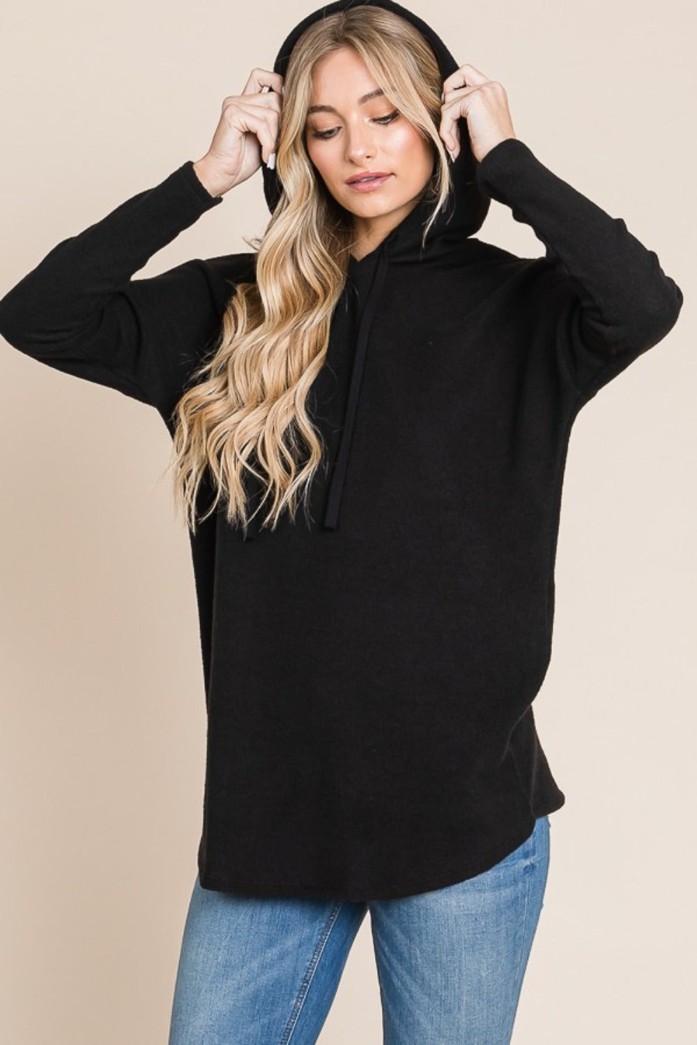 BOMBOM Black Contrast Drawstring Knit Hoodie