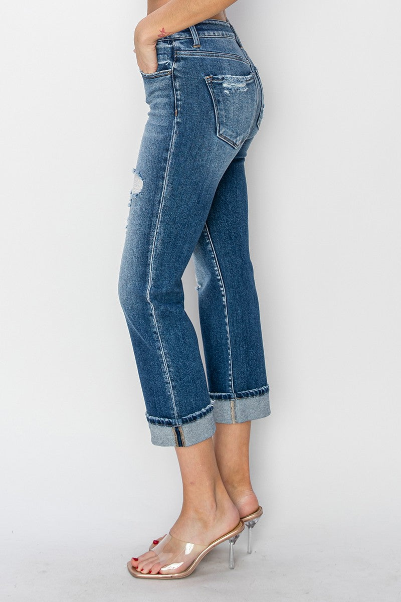 RISEN Houston Full Size Cuffed Ankle Distressed Straight Jeans