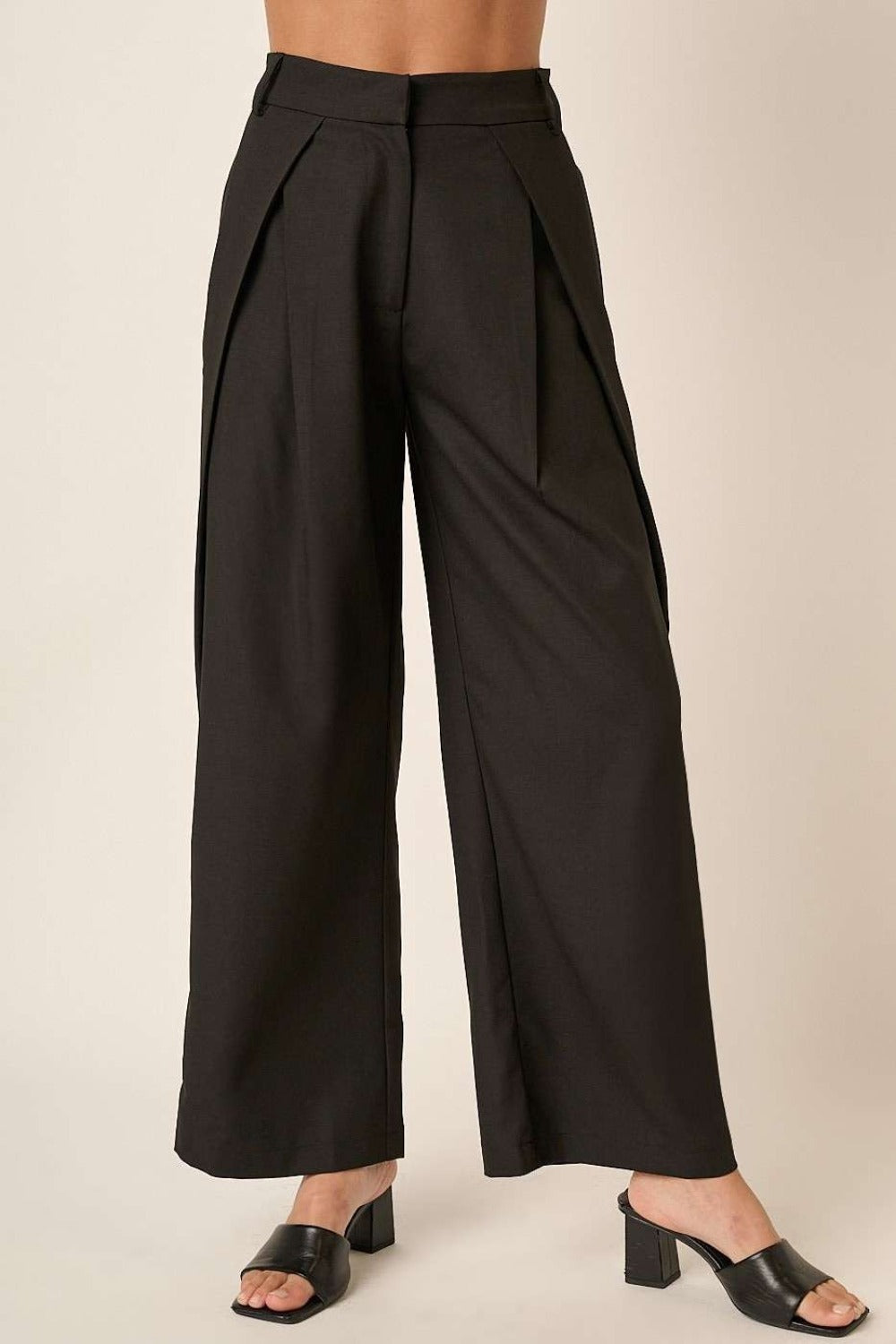 Mittoshop Black Deep Pleated High Waisted Wide Leg Pants