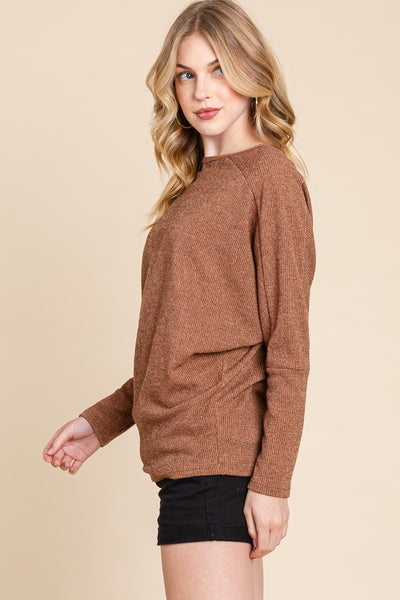 BOMBOM Camel Drop Shoulder Long Sleeve Knit Top