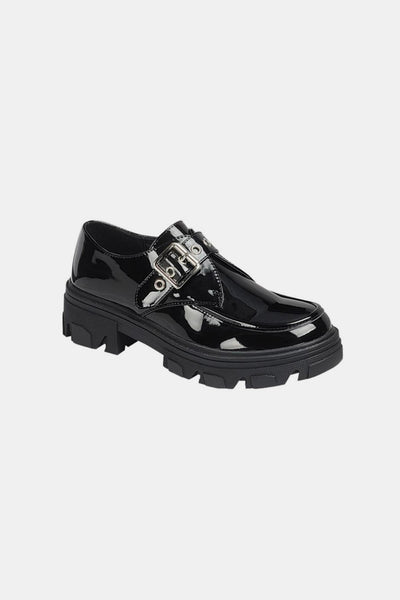 Forever Link Shiny Black Buckled Platform Lug Sole Loafers