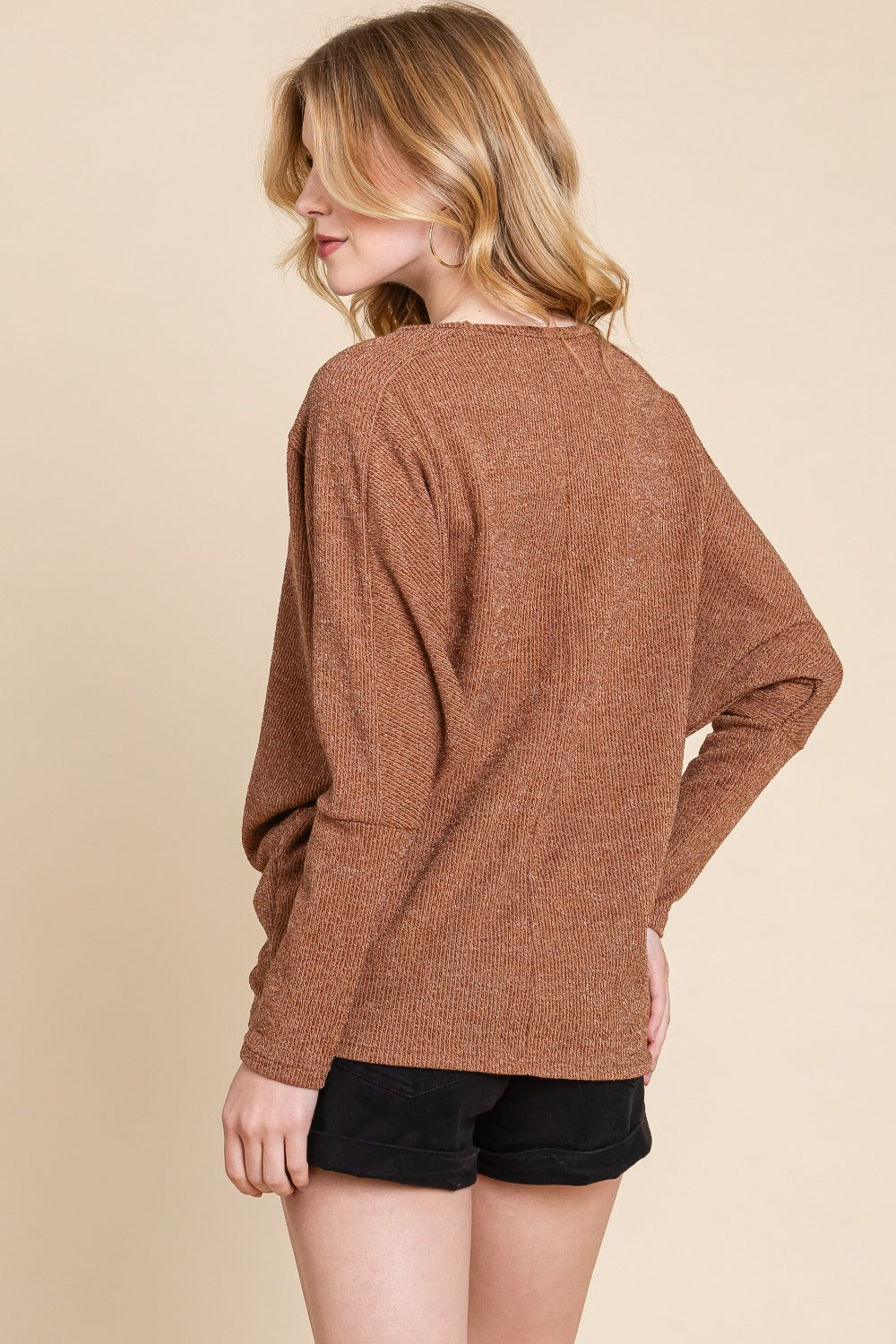 BOMBOM Camel Drop Shoulder Long Sleeve Knit Top