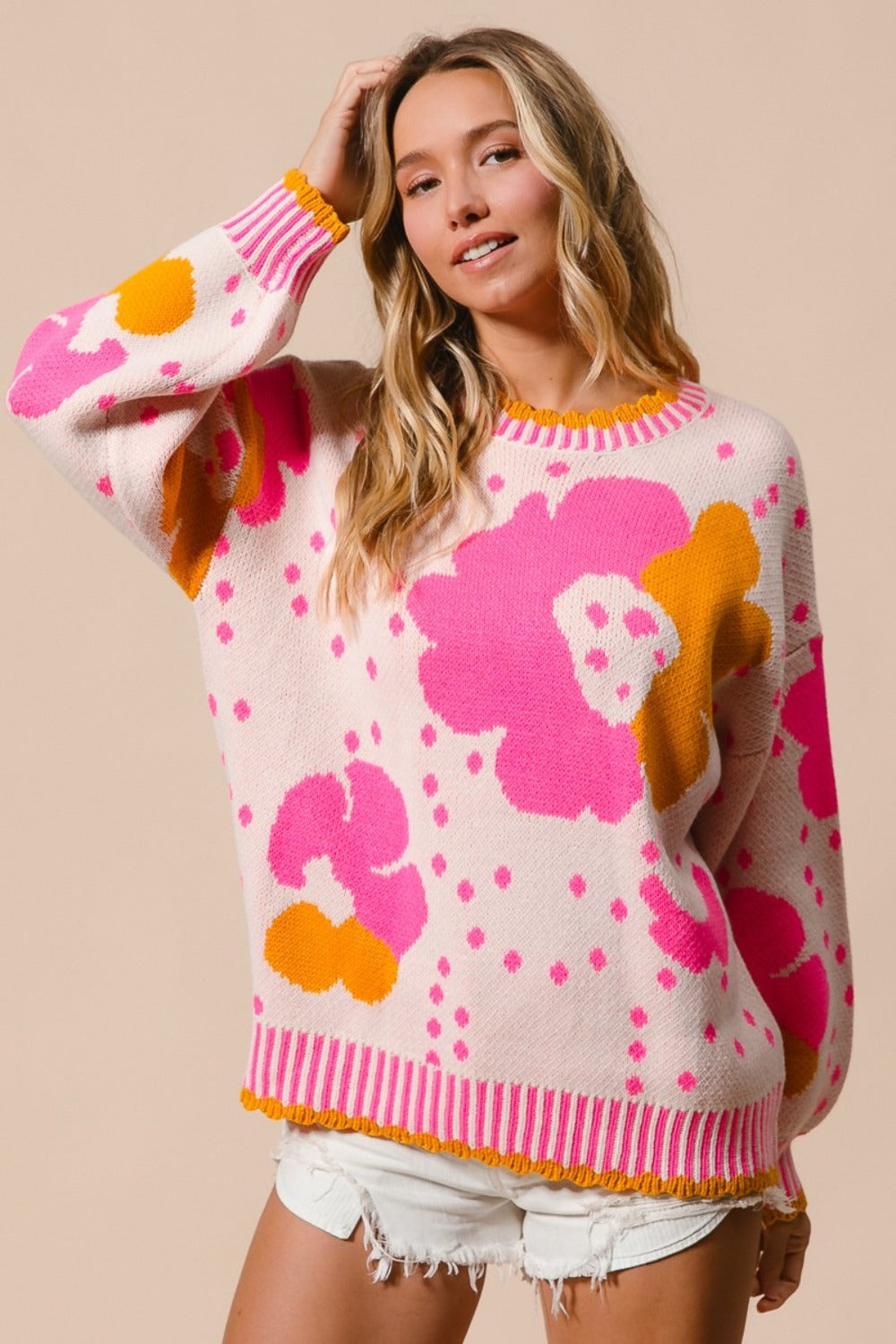 BiBi Pink Combo Flower Pattern Contrast Sweater