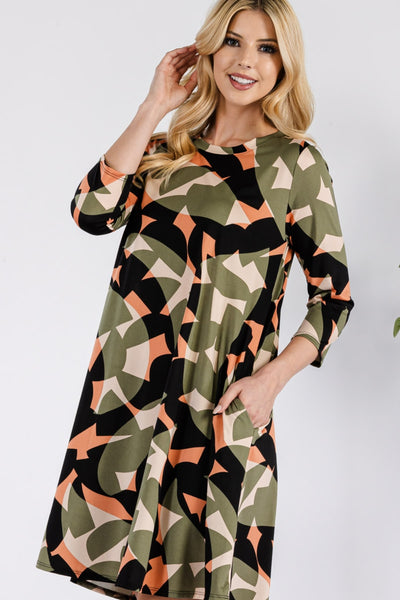 Celeste Olive Full Size Geometric Round Neck Dress with Pockets