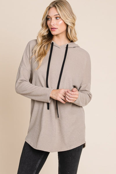 BOMBOM Taupe Contrast Drawstring Knit Hoodie