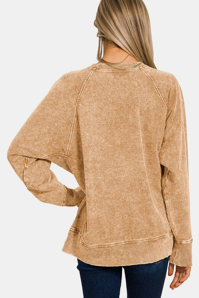 Zenana Camel Pocketed Round Neck Sweatshirt