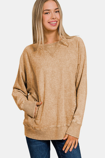 Zenana Camel Pocketed Round Neck Sweatshirt