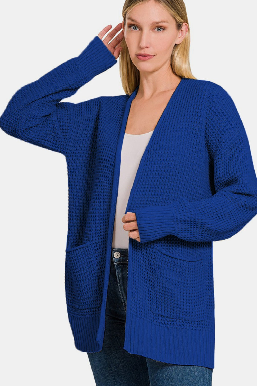 Zenana Lt Navy Waffle Open Front Sweater Cardigan