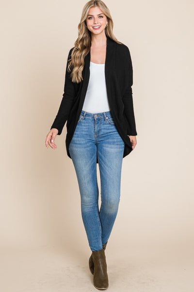 BOMBOM Black Open Front Waffle Knit Cocoon Cardigan