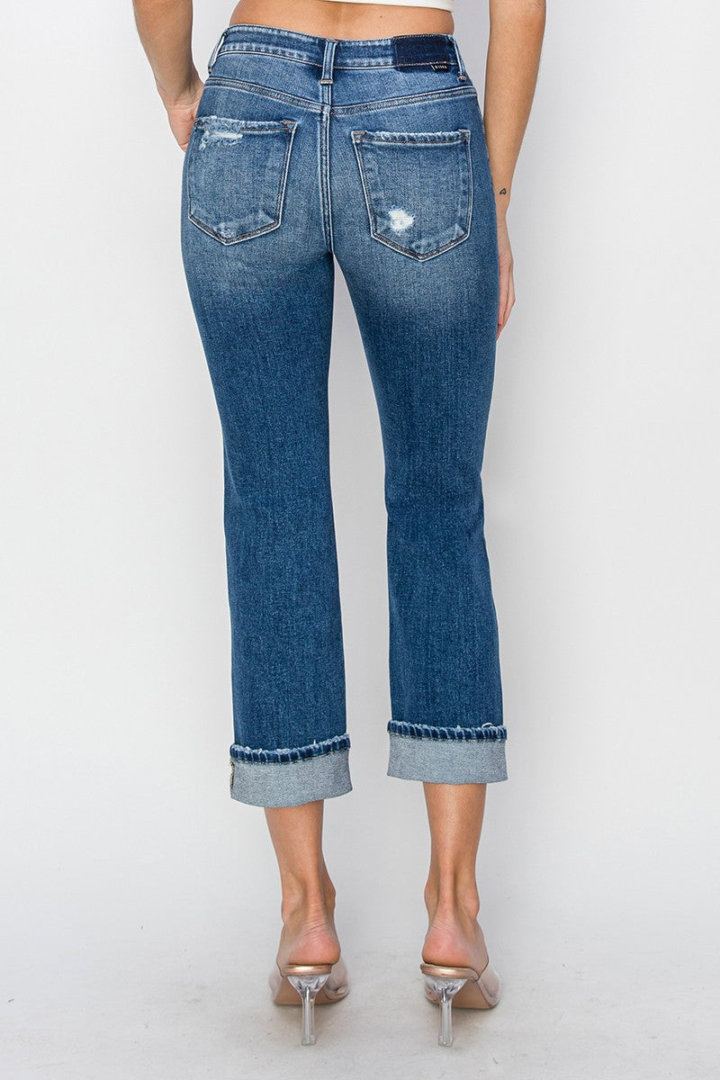 RISEN Houston Full Size Cuffed Ankle Distressed Straight Jeans