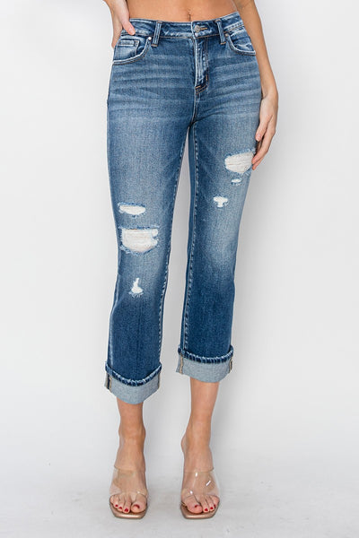 RISEN Houston Full Size Cuffed Ankle Distressed Straight Jeans