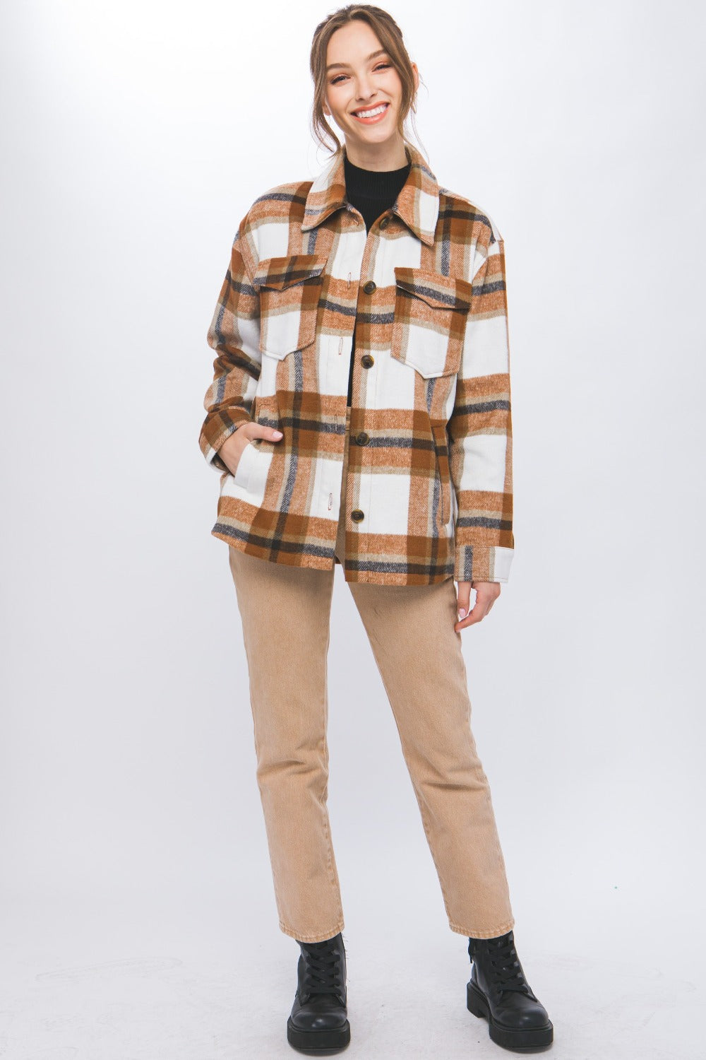 Love Tree Clay Plaid Button Up Shacket